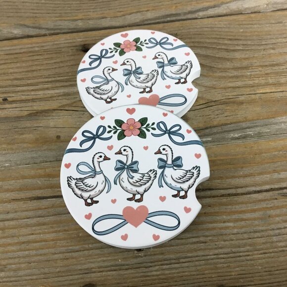 Goose with Bows and Hearts Floral Vintage Farmhouse Style Set of 2 Car Coasters - Picture 2 of 7